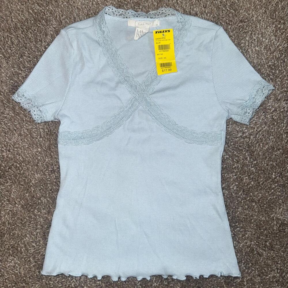 NWT - Tilly’s FULL TILT Lace Trim Ribbed Knit Short Sleeve Blue Top Women XS